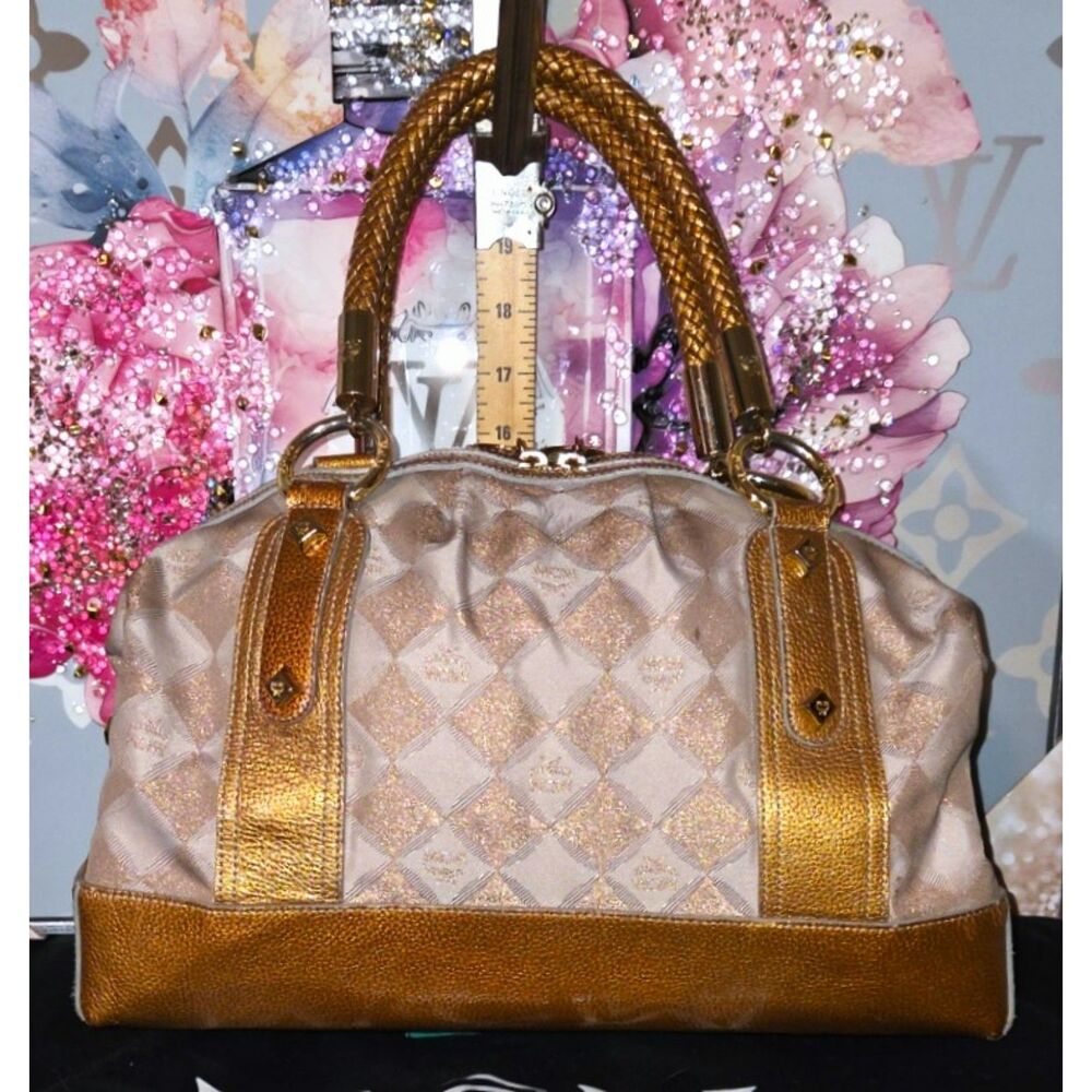 Authentic MCM Vintage Gold Metallic Diamond Monogram Satchel Bag | 02342